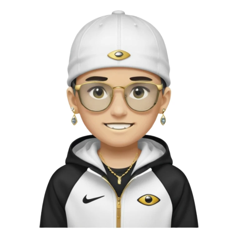 un emoji de un chico emcapuchado blanco, con gorro kalenji, dientes de oro, com uma chaqueta negra nike tech y unas gafas de oakley, con pendientes de diamante  sticker