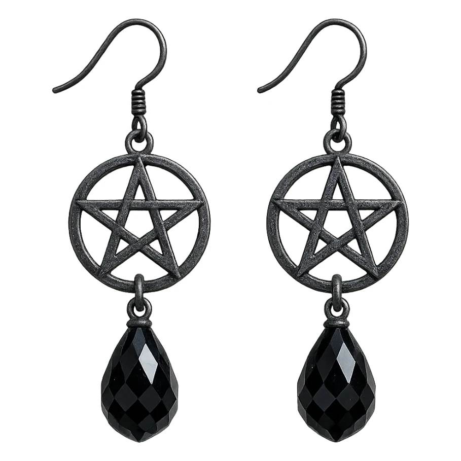 goth earrings, black crystal pentagram, occult gothic style, shimmering sticker
