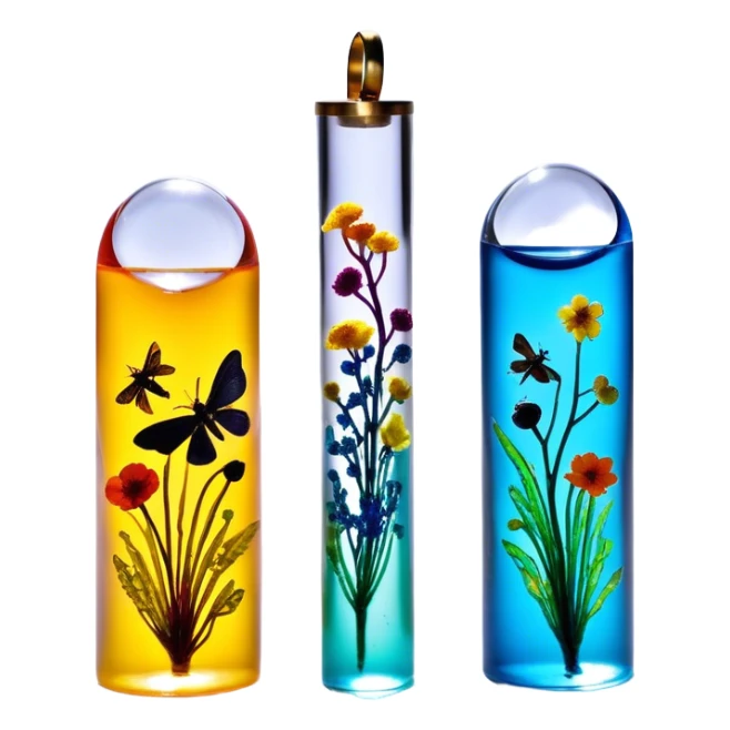 Create an icon that represents decorative arts using epoxy resin in tubes. The design should feature colorful tubes of resin, including fluorescent resin tubes, with visible drops or strokes of resin being applied to create intricate designs. Include finished resin jewelry pieces, such as pendants or rings, containing preserved flowers and insects encased in clear resin. The composition should feel vibrant, artistic, and delicate, showcasing the unique beauty of resin art with natural elements. The background should be transparent sticker