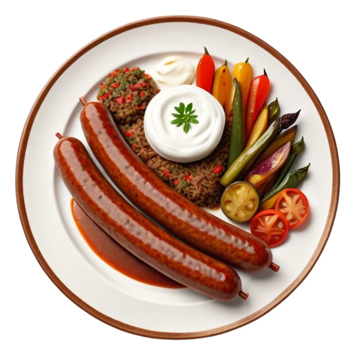 Cinematic Realistic image of a long, sausage-shaped Turkish Köfte, rendered with richly spiced meat textures and subtle grill marks, artfully arranged on a traditional Turkish ceramic plate alongside classic sides such as a serving of aromatic pilaf, crisp grilled vegetables, and a dollop of creamy yogurt, all bathed in warm, appetizing lighting that emphasizes its savory allure. sticker