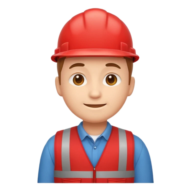 cute emoji character, round head, basic facial features, soft smile, wearing a red vest similar to a hardware store employee, flat vector emoji style, no text, no branding, facing forward sticker
