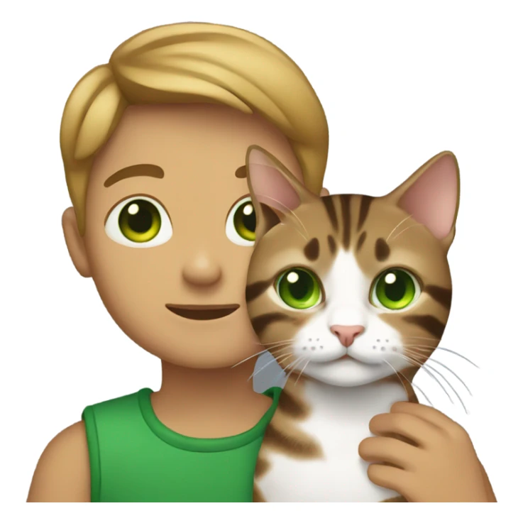 Boy holding a brown tabby cat with green eyes  sticker