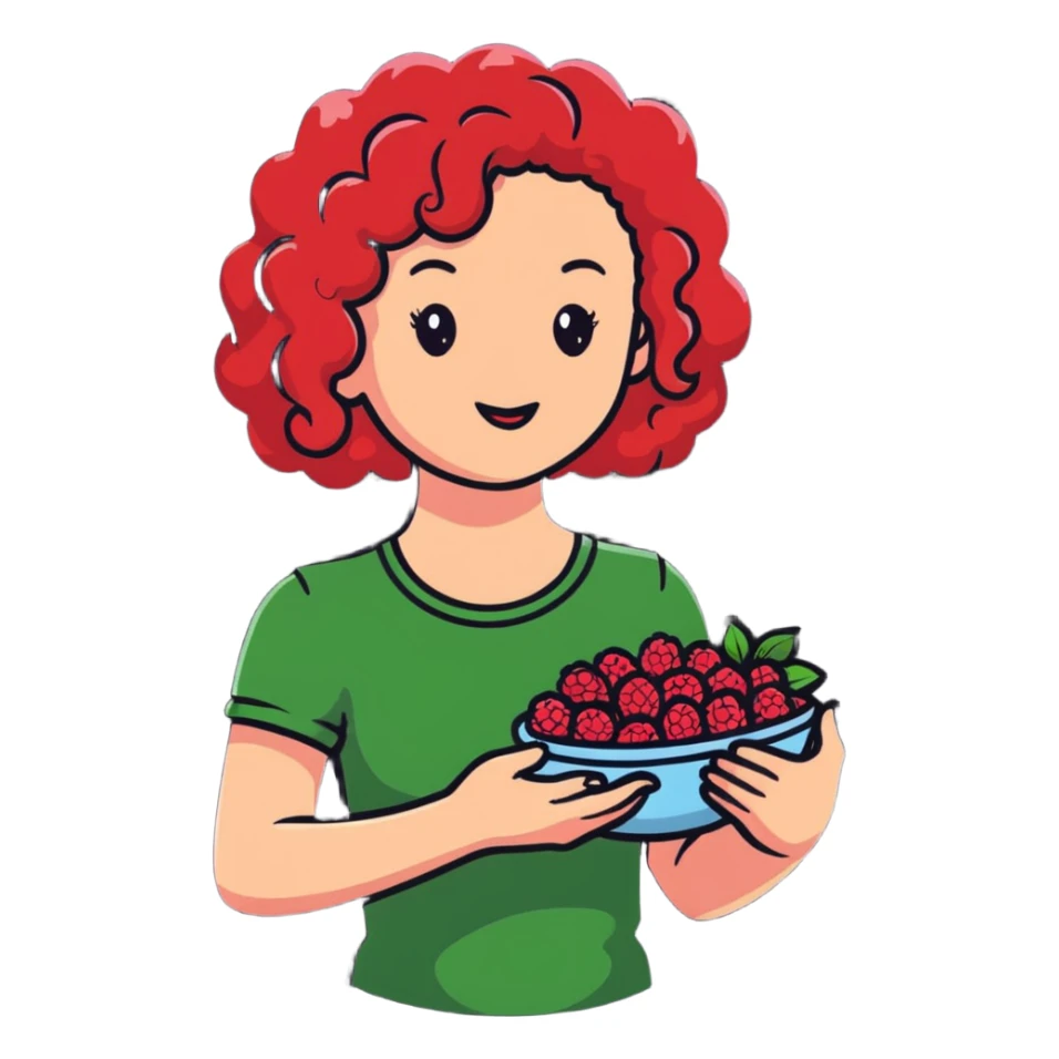 red-haired curly-haired woman holding raspberries in her hands sticker