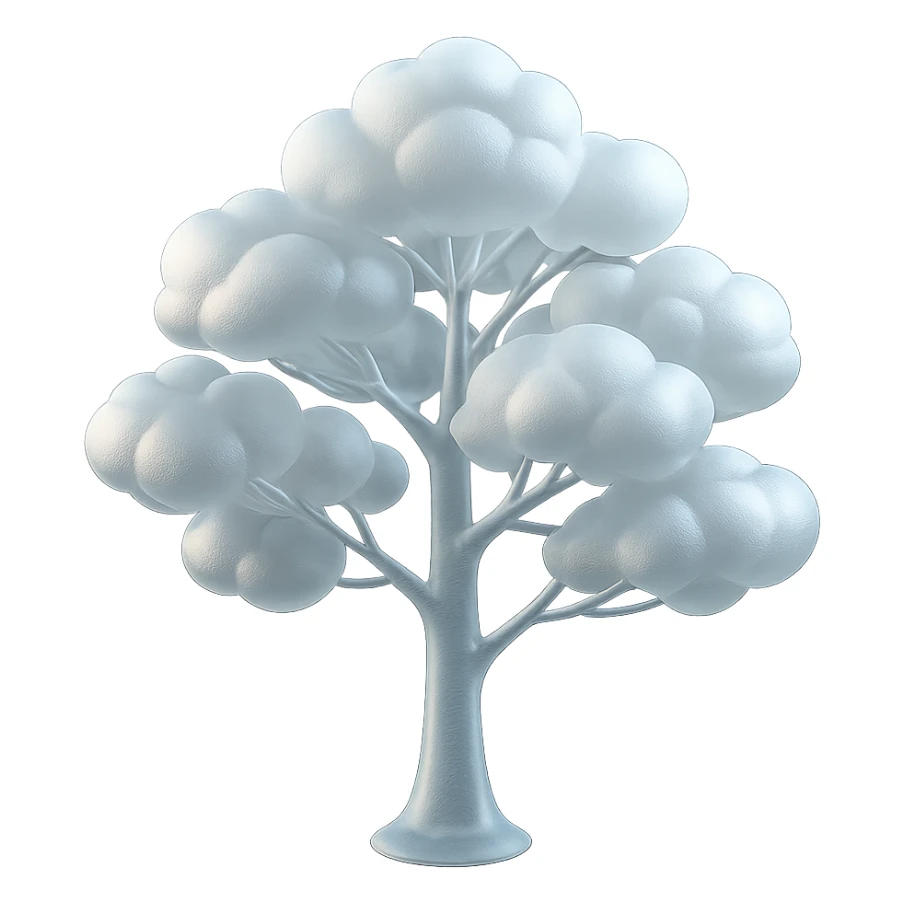 one tree with many branches and a white trunk, crown made of small very bright white fluffy convex clouds, matte glass style sticker