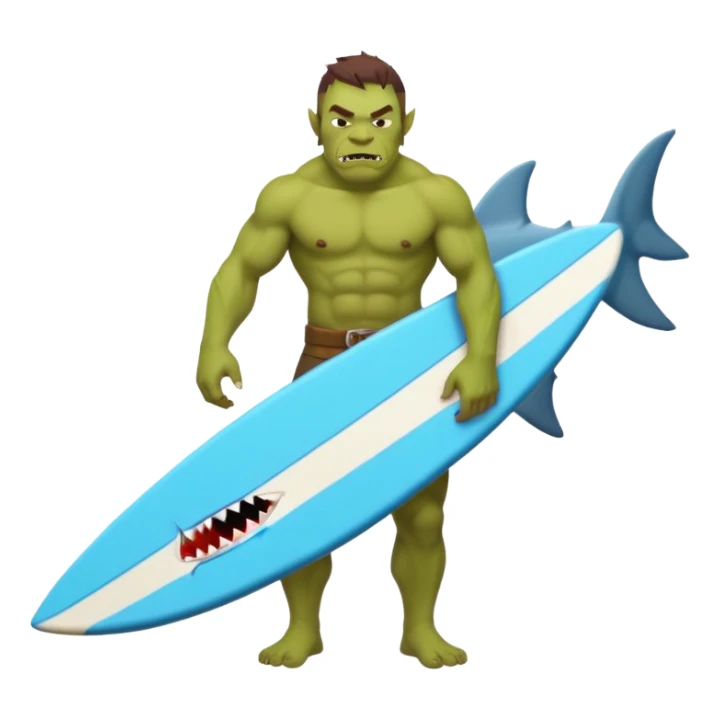 orc male with a shark-shaped board, centered sticker