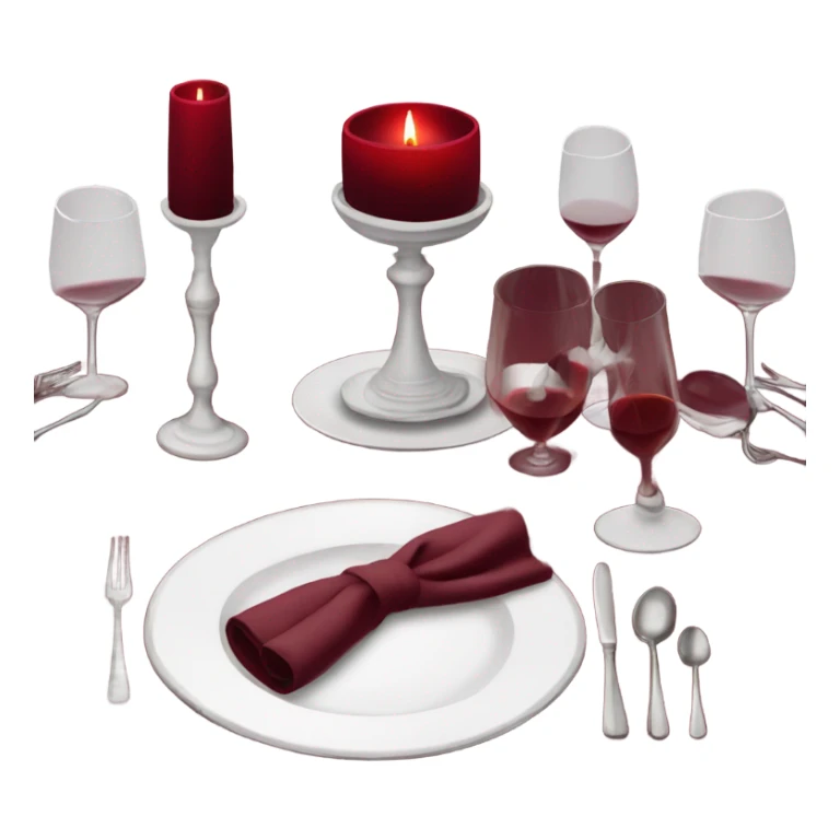 Romantic table dinner with burgundy tablecloth, white plates and wine cups sticker