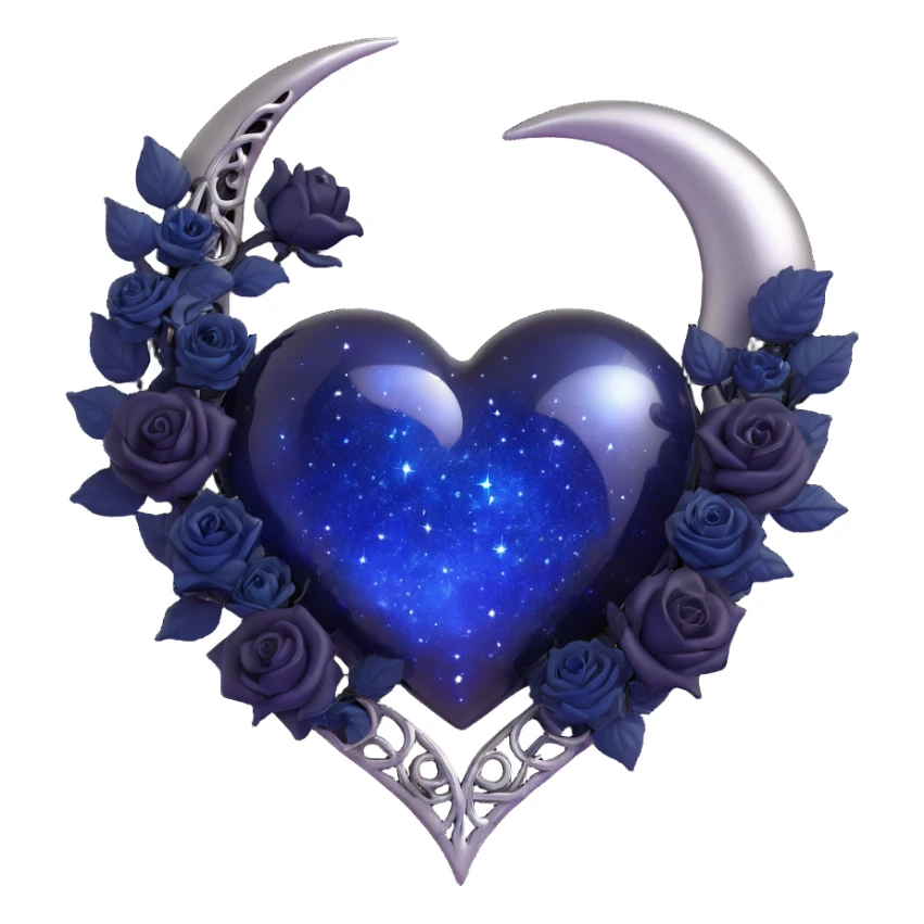 gothic heart in midnight blue glass with silver crescent moon, tiny black roses, shimmering stardust, magical glowing aura, no floating runes sticker