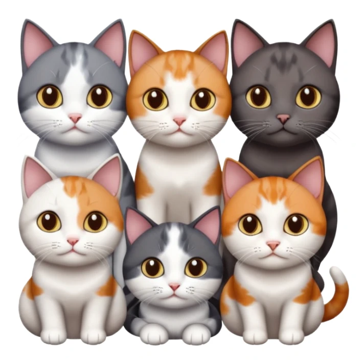 4 different coloured short haired cats including; a dark brown and white cat, and a dark grey and white, and a calico sticker