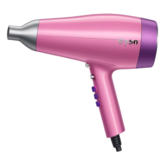 A pink Dyson Supersonic hair dryer, slight angle, realistic style, Features the distinctive hollow circular head with the barrel running through the center, sleek modern design, glossy pink finish with metallic silver accents on the nozzle ring. Compact proportions , clean lines, slight shading  sticker