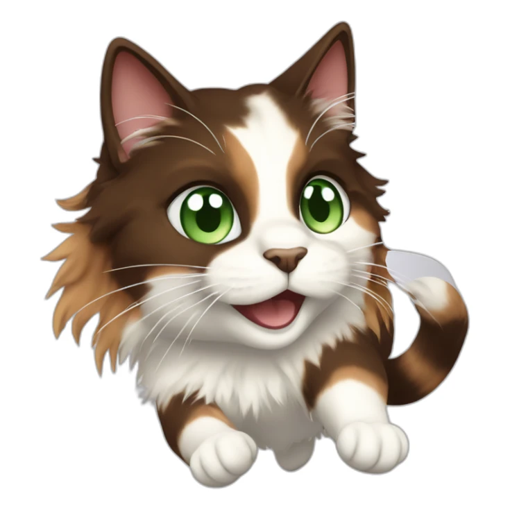 jumping longhaired white and dark brown calico cat with green eyes jumping sticker