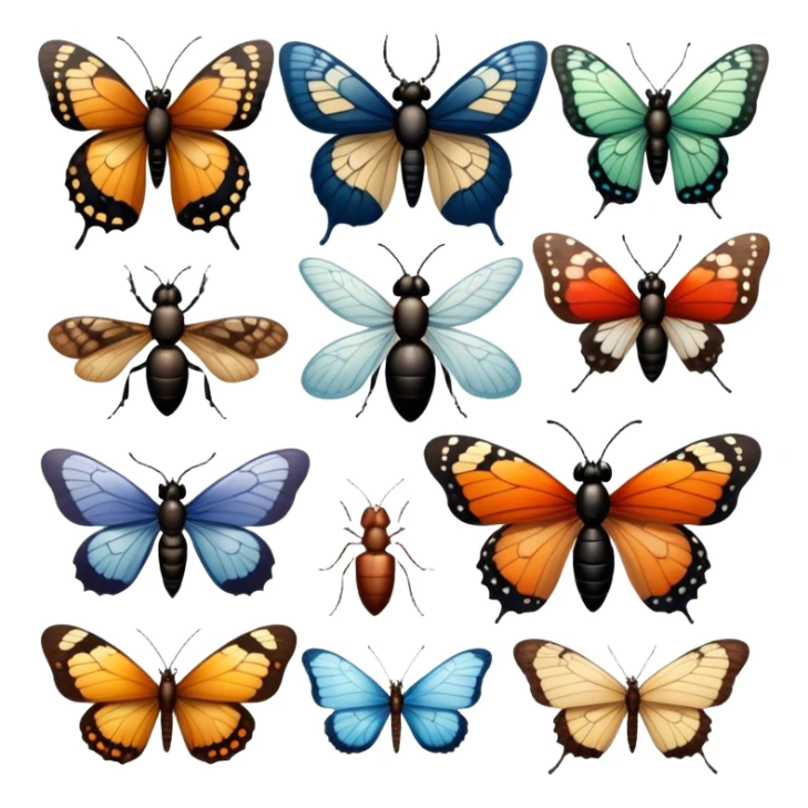 Close-up of various home insects, such as beetles, ants, and butterflies, showcasing their intricate details, wings, and body structures. Soft lighting accentuates their features. Transparent background. sticker