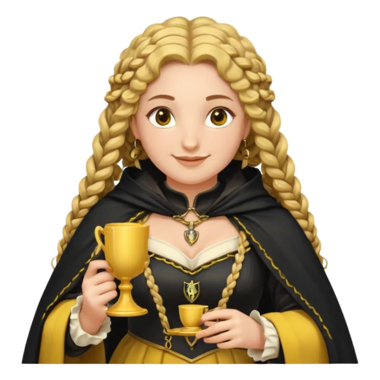 Helga Hufflepuff, 2 curly thick brown braids, yellow-black medieval dress, black cloak decorated with gold braiding, tiny two-handled shiny yellow-gold cup, very kind smile, curvy busty sweet woman, thick rosy cheeks sticker