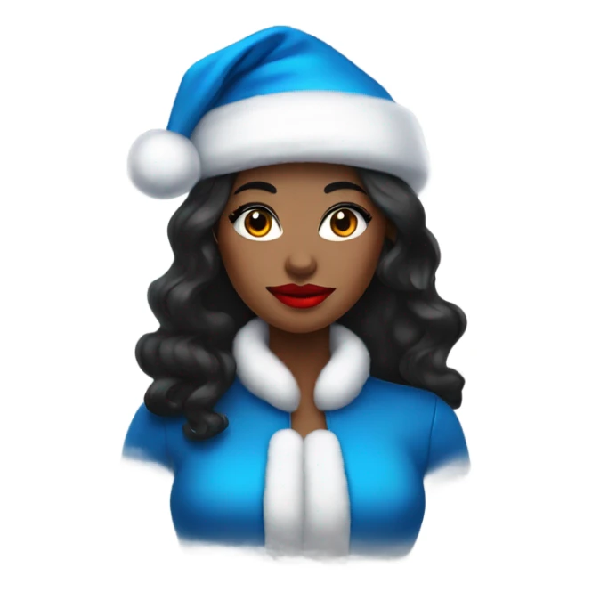 Black haired lady with bright red lipstick and blue eye shadow.  Wearing a Santa hat sticker