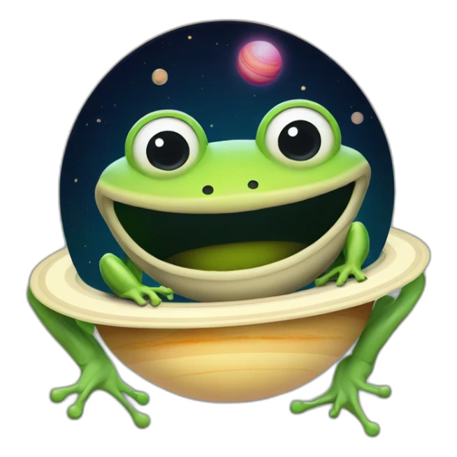 planet Saturn with a cartoon beaming frog face with smiling eyes sticker