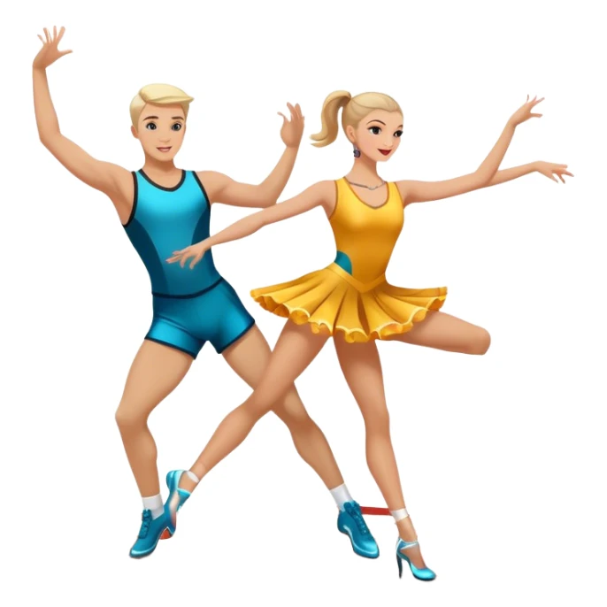 Icon for Sports Dance: a couple performing an energetic and synchronized dance, dressed in competitive dance attire, dance shoes, a rhythmically placed dance floor, and a competition backdrop. The icon should capture the athleticism, technique, and precision of sports dance. Transparent background. sticker