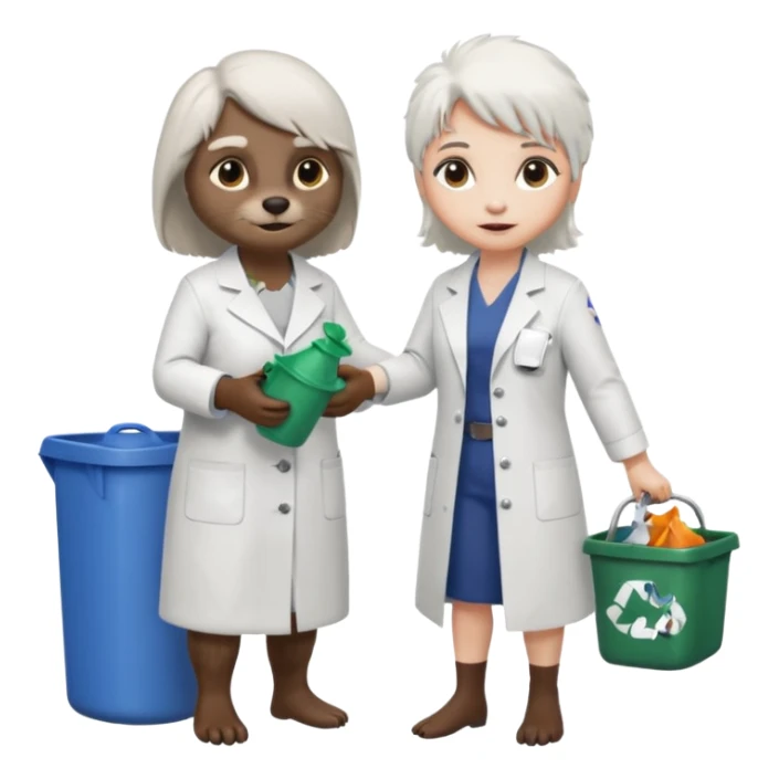 an woman otter picking up trash bins, next to a mad scientist sticker