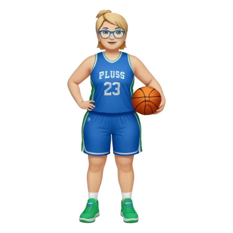 Full Body plus size white female basketball player with medium brown with blond hair with short spike hair wearing blue glasses 
With a small wide nose wearing blue green uniform  green sneakers smiling wearing silver hoop earring  sticker