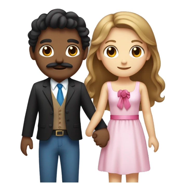 Two people holding hands with a tanned boy with medium-length hair with a Mexican mustache and black eyes and with a white girl with brown hair and blue eyes with a pink bow on her head sticker