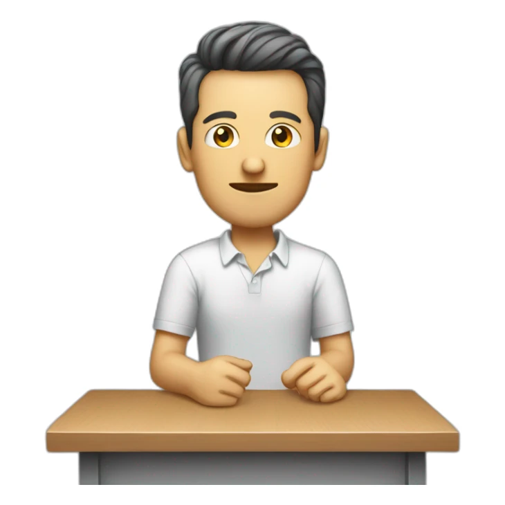 a white man a mic in his table, sitting, wearing shirt sticker