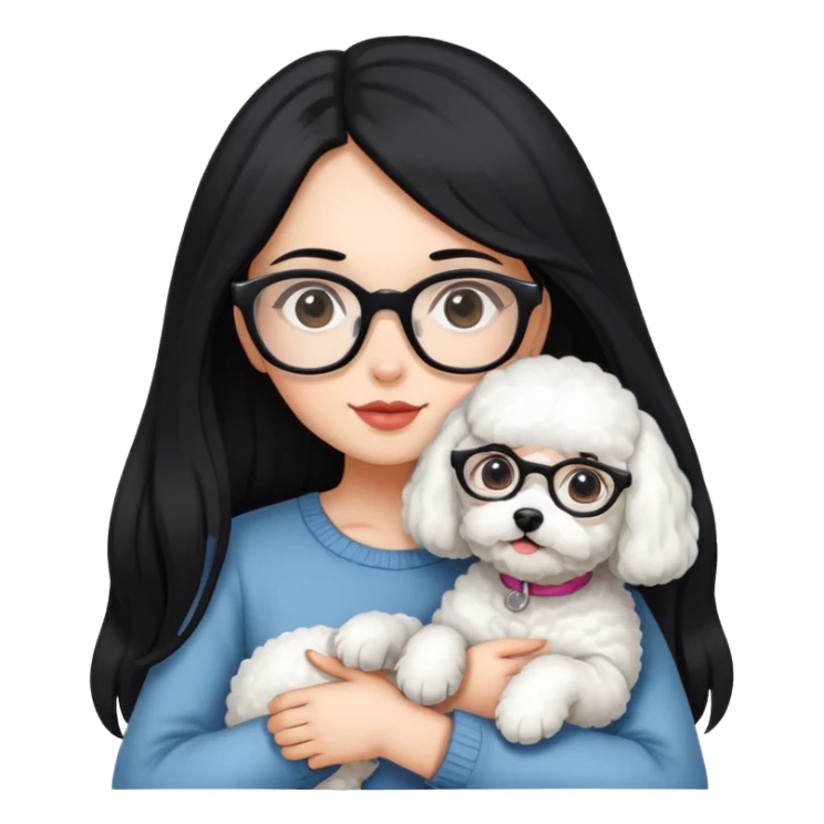 A girl with long black hair and glasses holding a bichon sticker