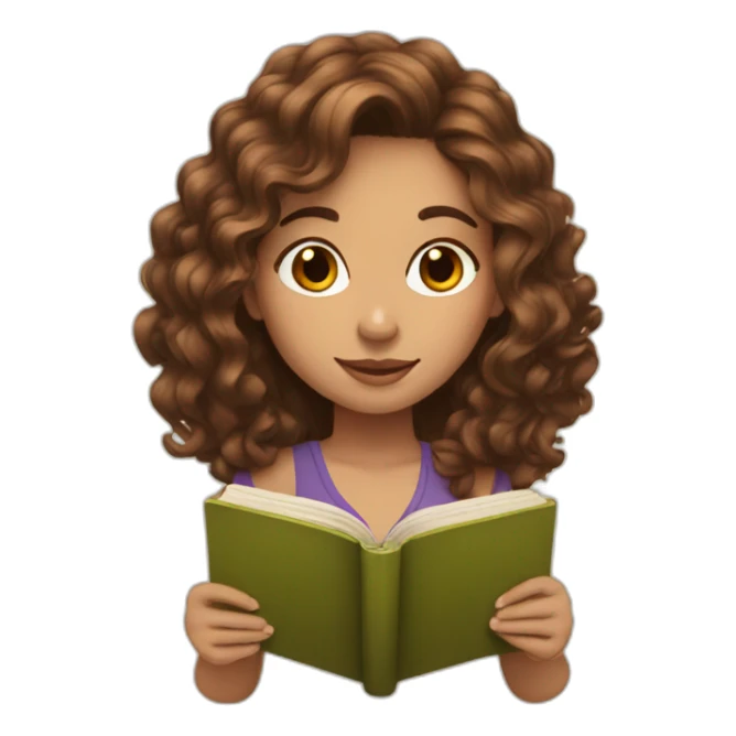 Girl with brown wavy hair and à book sticker
