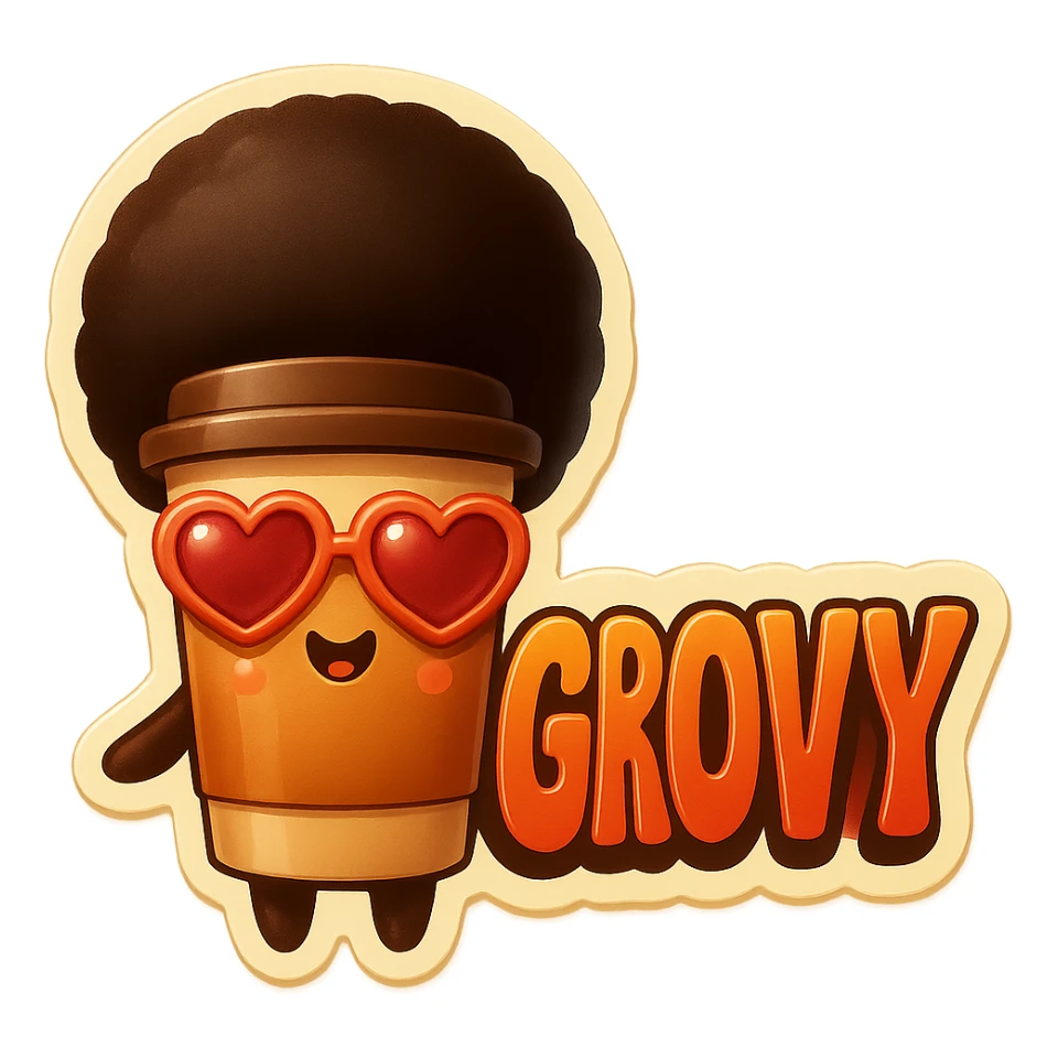 Tall coffee cup, no mouth, afro, heart glasses, giant groovy sign sticker