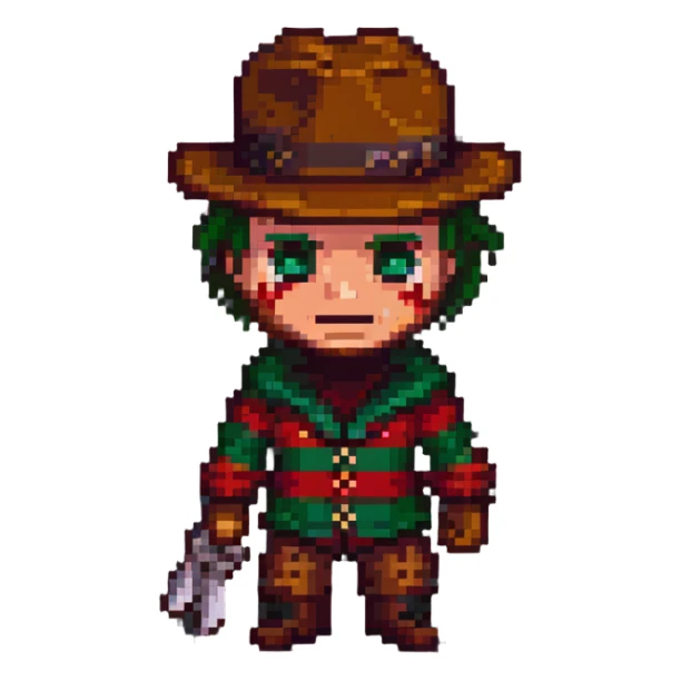 Freddy Krueger in pixel art style, chibi proportions, bright colors sticker