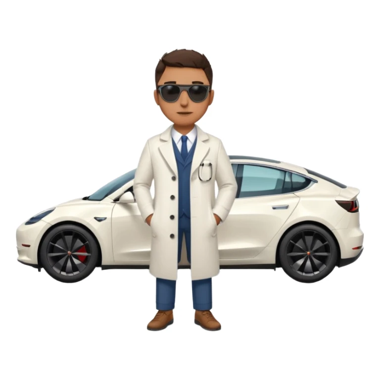 White tesla model 3 with a cool physician with sunglasses next to it sticker