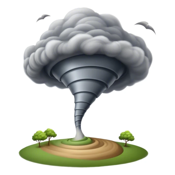 Cinematic Realistic Tornado Emoji, Spiraling fiercely, with dark swirling clouds that twist and stretch downward in a funnel shape. The winds whip up debris as the tornado roars across the landscape, leaving a trail of awe and fear. Soft glowing outline, capturing the essence of wild force and unpredictable power in a mighty tornado! sticker