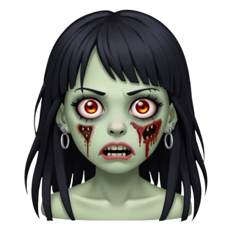 🧟‍♀️ faça igual esse emoji que coloquei só que com franja e piercing dos dois lado do nariz e no septo faça com cabelo longo preto e com a cara mais assustadora  sticker