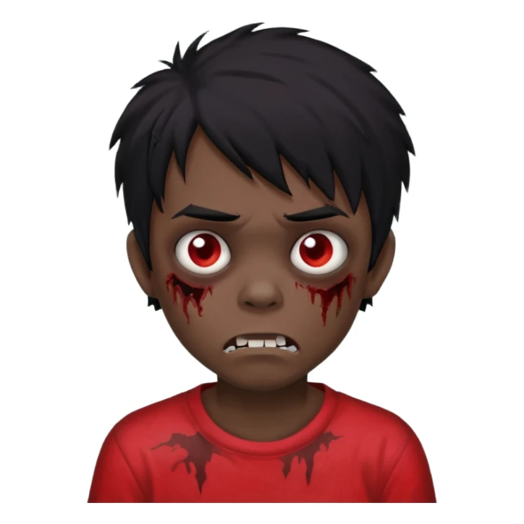 Boy, zombie, black hair, medium long, emo, shaggy, dark, spooky, creepy expression, red shirt. sticker