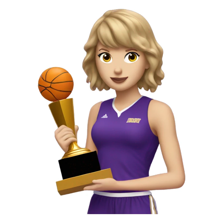 Taylor Swift wearing purple basketball uniform holding trophy sticker
