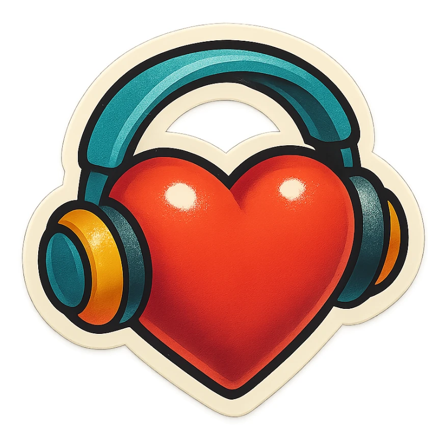 retro sticker style heart with headphones, bold and playful sticker