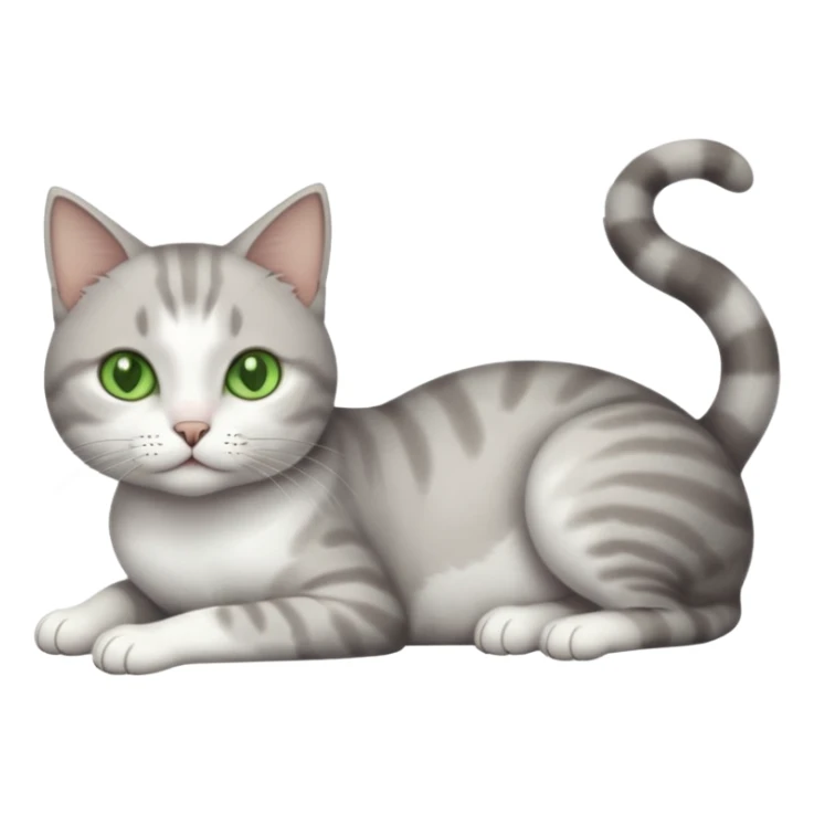 full body tiny short hair grey and white cat with white front legs and green  eyes lying down sticker