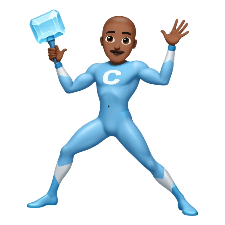 Frozone character in retro stickers style, dynamic pose, icy effects, bold outlines, vibrant colors he says "c'est carré dans l'axe" sticker