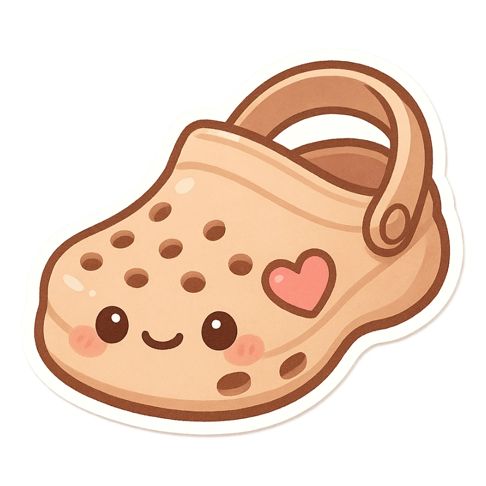 chibi sticker-style croc shoe with a heart accent, cute and exaggerated sticker