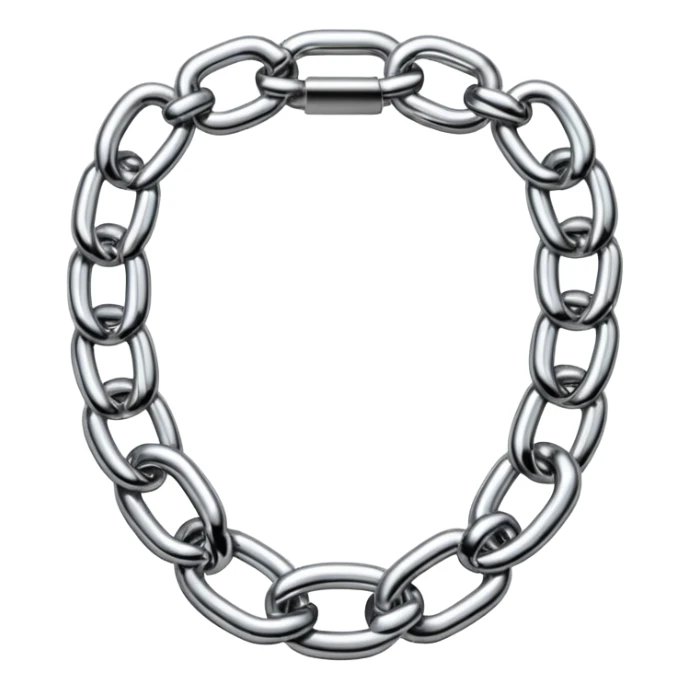 A thick luxury chain emoji made of liquid silver chrome, smooth rounded links, glossy metallic reflections, heavy swag aesthetic, minimalistic iOS emoji style, centered, clean white background sticker