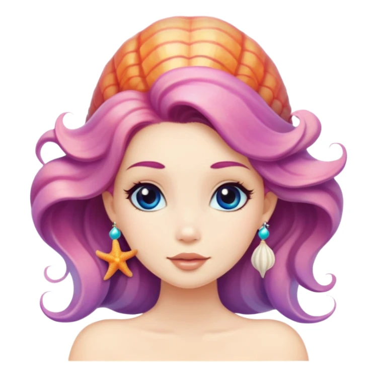 mermaid with seashells in hair, starfish earrings sticker