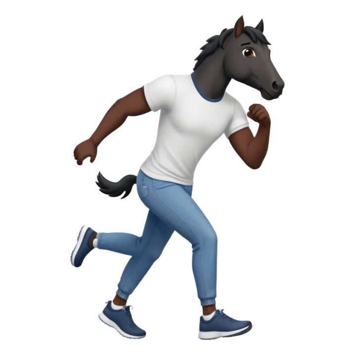 friendly anthropomorphised black stallion in jeans and a t-shirt, jogging upright in relaxed pose sticker
