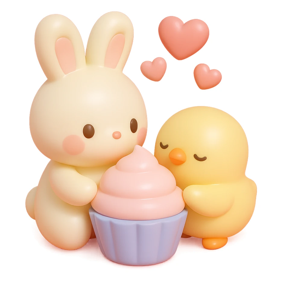 bunny and chick sharing cupcake with hearts floating, vinyl figure style sticker