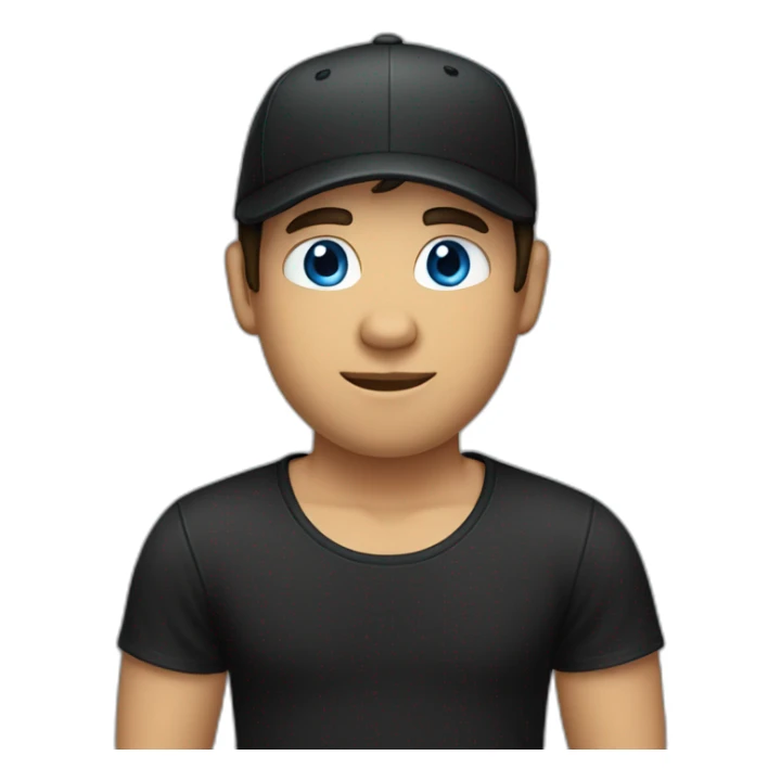 a guy with blue eyes, dark hair and bangs in backward black cap and in a black t-shirt sticker