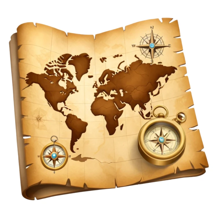 3D Brown golden map with Travel compass pointing to adventure sticker