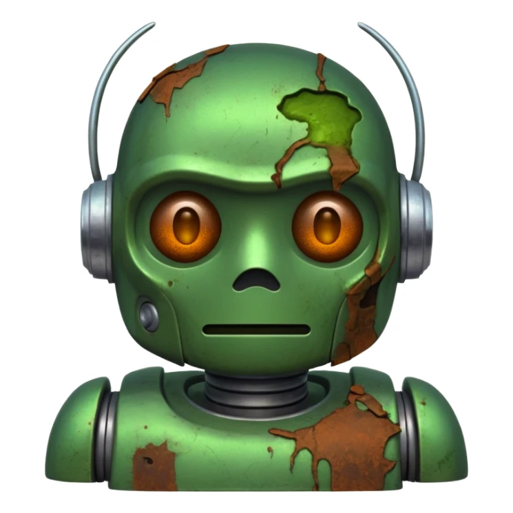 make a tired old robot emoji, covered in green sludge, 2d sticker