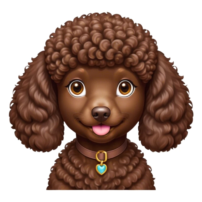 Cinematic Cute Chocolate Poodle Portrait Emoji, Head tilted playfully and inquisitively, showcasing a bouncy, curly chocolate Fur with a healthy sheen, round, sparkling brown eyes filled with curiosity, Simplified yet irresistibly adorable features, highly detailed, glowing with a warm, friendly glow, high shine, affectionate and lively, stylized with a touch of whimsy, bright and endearing, soft glowing outline, capturing the essence of a mischievous yet loving companion, so playful it feels like it could bounce out of the screen and into your arms! sticker