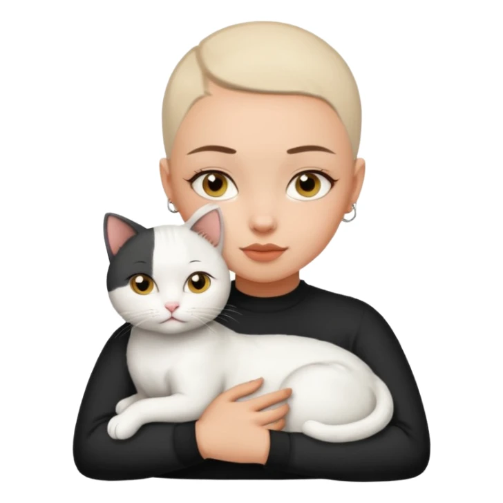 HAZEL EYES , BLACK BUZZ CUT LIGHT SKIN ROUND FACE GIRL hugs white cat sticker