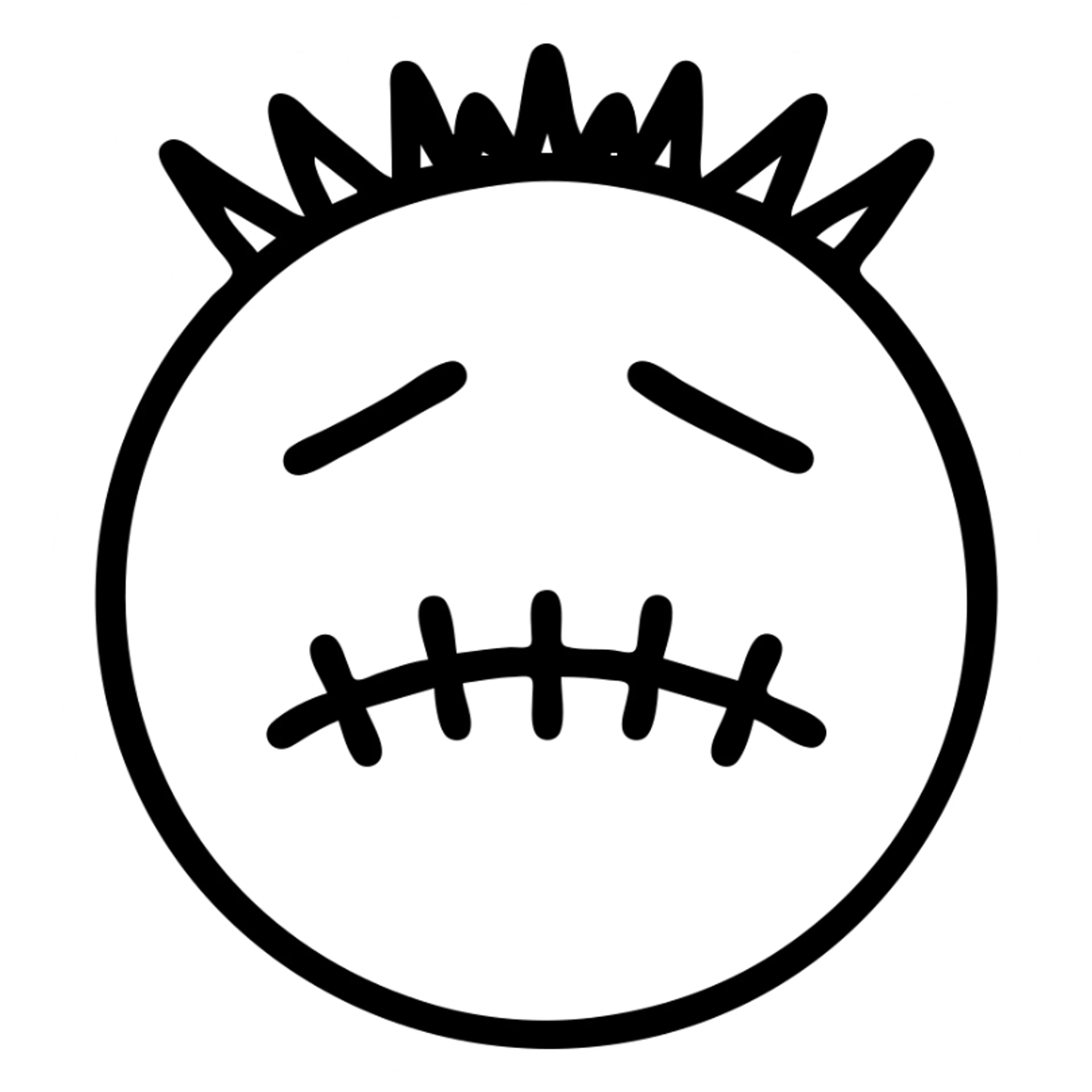 Create an emoji in 'Outline' style inspired by the reference image: round face, spiky hair, sewn mouth, eyebrows angled downward, black doodle style with no fill, transparent background. sticker