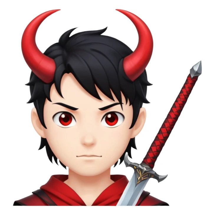 Anime devil boy with black hair, horns, and a sword sticker
