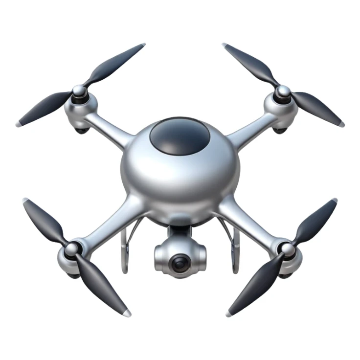 A futuristic drone emoji made of polished silver chrome, smooth rounded body, minimal propellers, reflective metallic surface, soft studio lighting, iOS emoji style, centered, clean white background sticker
