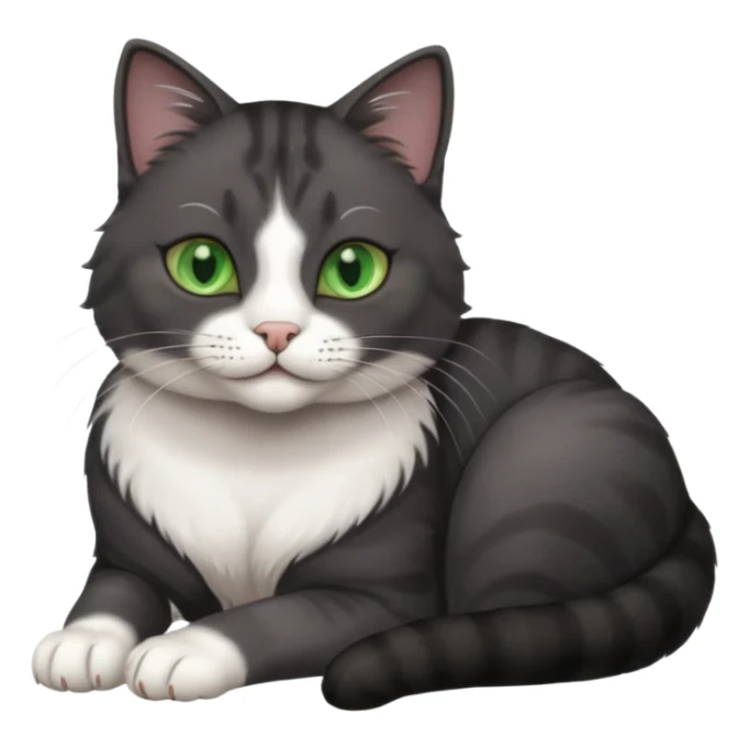 beautiful female solid dark grey cat with green eyes, white toes/paws and white patch on her chest rolling over sticker