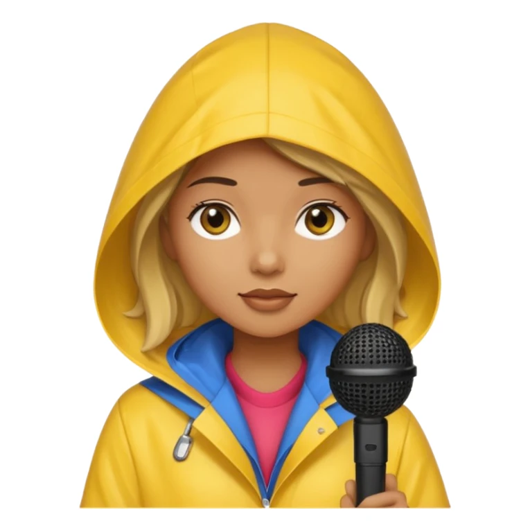 woman with rain coat and microphone sticker